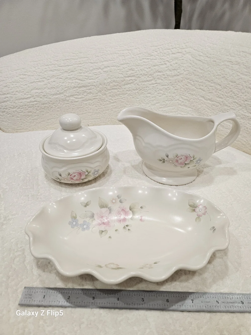 White Floral Ceramic Gravy Boat, Sugar Bowl & Serving Dish Set